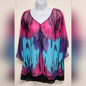 Nicole Miller XL Oversized Sheer Blouse Top Safari Tie Dye Dolman Sleeve